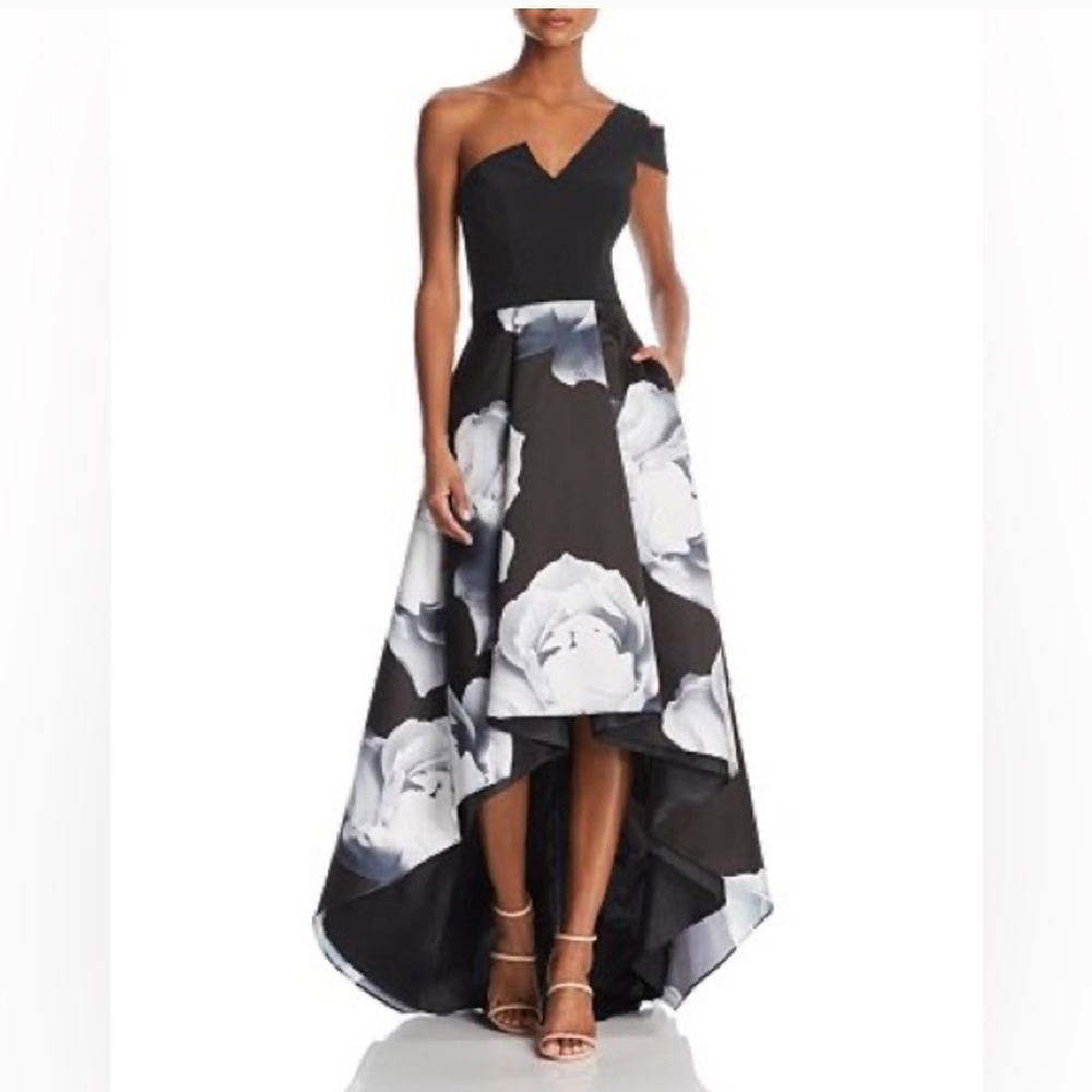 Betsy & Adam Black One-Shoulder High-Low Floral Gown